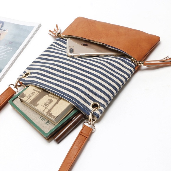 Navy Striped Cognac Faux Leather Crossbody Bag - Picture 11 of 12